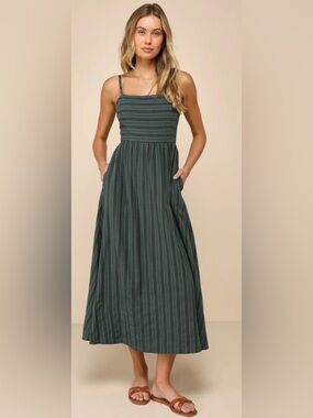 Lulus Feeling The Best Green Striped Tie-back Midi Dress With Pockets - Size M